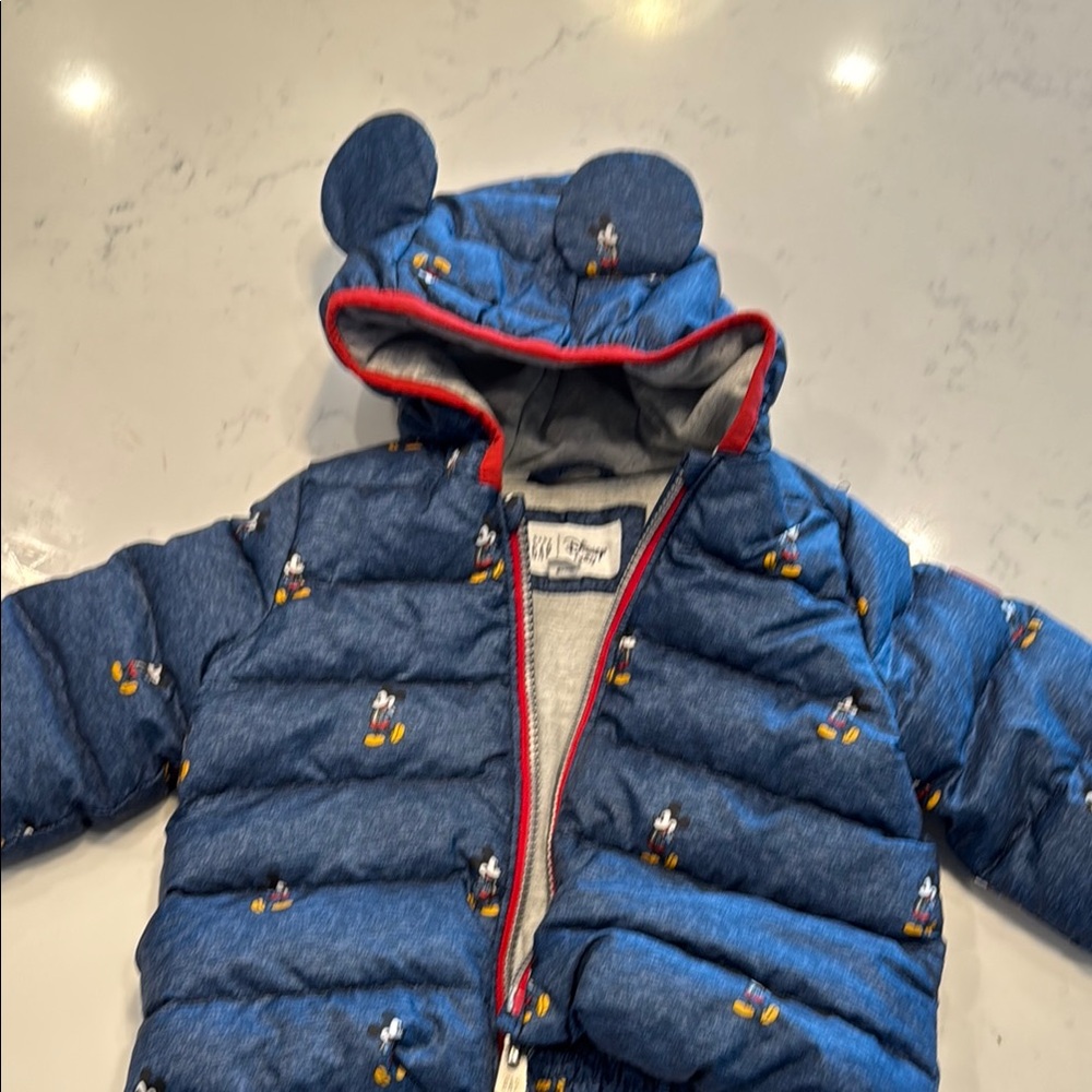 Blue Puffer Jacket with Mickey Mouse Print